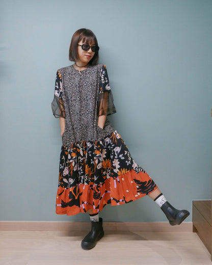 波希米亞風格連身裙 - 黑/橙 | Made by Chifa