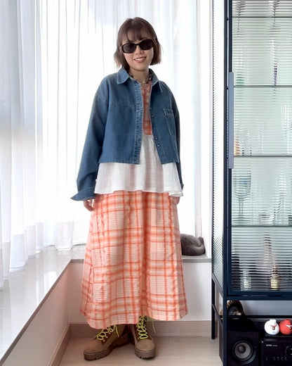 皺皺格子半截裙 - 橙色 | Made by Chifa