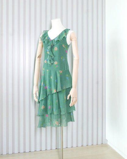 REVISITATION BY SCOTT HENSHALL Floral Chiffon Ruffle V-neck Sleeveless Midi Dress 雪紡荷葉邊V領背心連身裙 | KOMMONS