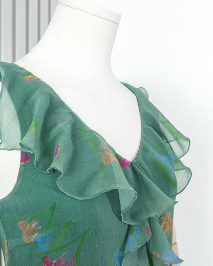 REVISITATION BY SCOTT HENSHALL Floral Chiffon Ruffle V-neck Sleeveless Midi Dress 雪紡荷葉邊V領背心連身裙 | KOMMONS