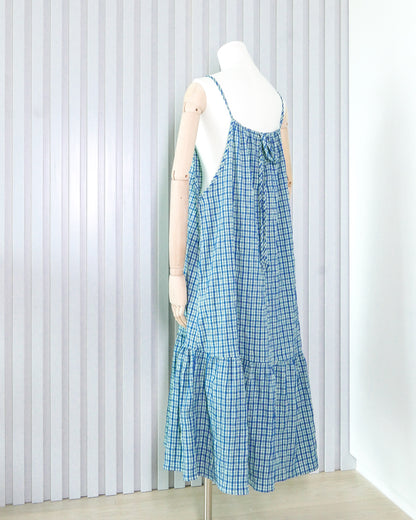 Plaid Tie-strap Maxi Dress 格子綁帶吊帶連身長裙 | KOMMONS