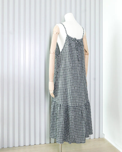 Plaid Tie-strap Maxi Dress 格子綁帶吊帶連身長裙 | KOMMONS