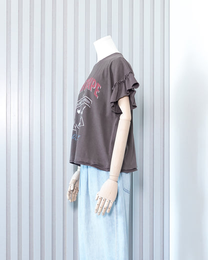 Retro Printed Ruffle Sleeve T-shirt 復古印花荷葉邊袖T恤 | KOMMONS
