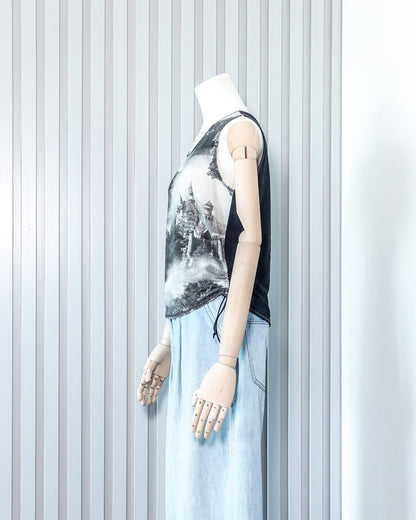 UNA PARTE Castle Printed Ruched Tie Side Vest 城堡印花束繩綁帶背心 (Vintage 古著) | KOMMONS