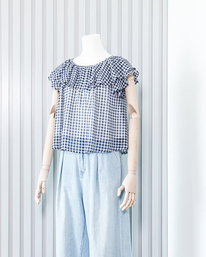 PAGEBOY Plaid Chiffon Flared Top 格子雪紡傘下擺上衣 | KOMMONS