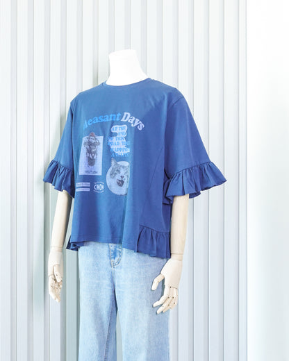 Ruffle Hem Cat Printed T-shirt 荷葉邊貓咪印花T恤 | KOMMONS