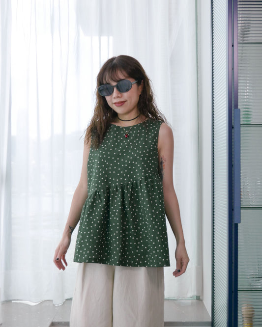 皺皺布清涼背心 - 綠白點點 | Made by Chifa