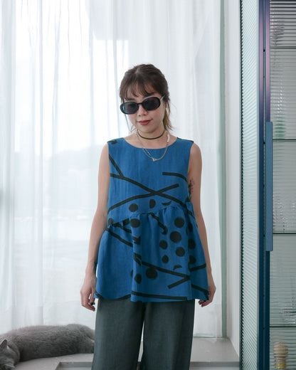 麻質清涼背心 - 藍黑圖案 | Made by Chifa