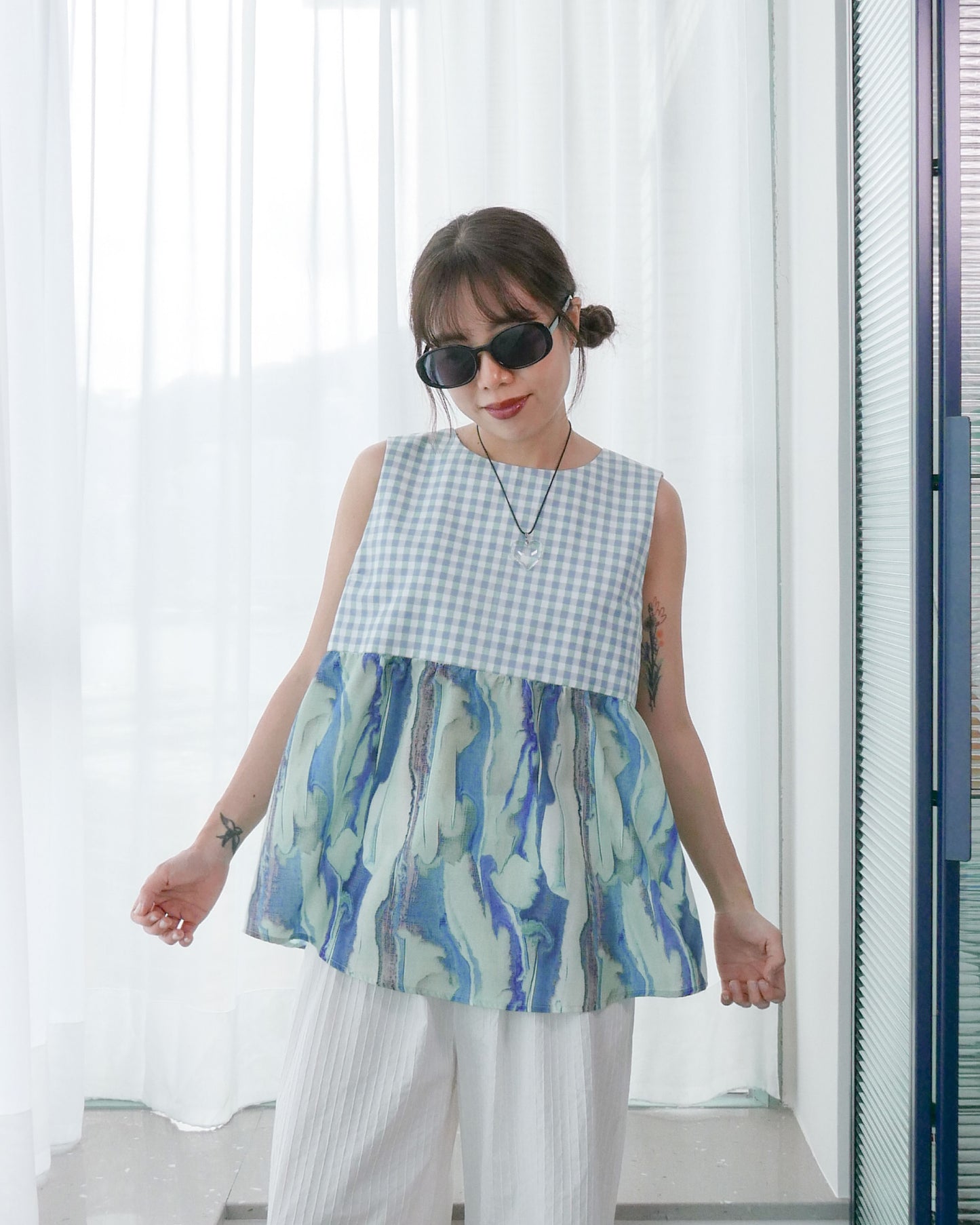 棉質清涼背心 - 藍綠拼布 | Made by Chifa