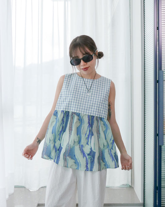 棉質清涼背心 - 藍綠拼布 | Made by Chifa