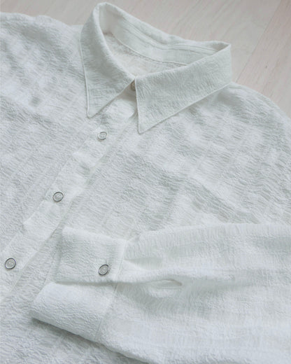 半透格紋皺皺恤衫 - 白 | Chifa Select