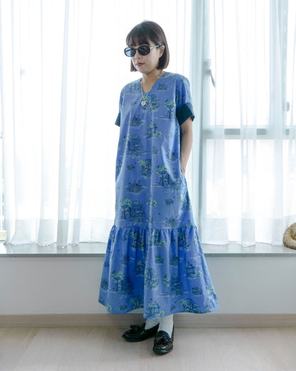 V領反袖連身裙 - 靛藍印花 | Made by Chifa