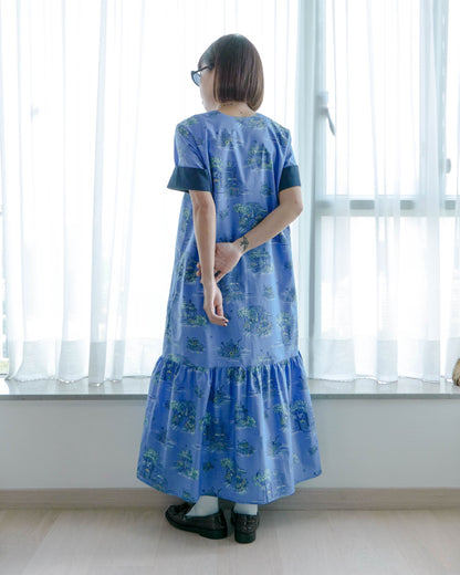 V領反袖連身裙 - 靛藍印花 | Made by Chifa