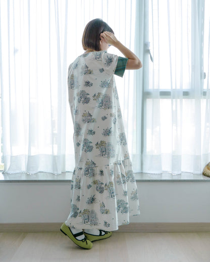 V領反袖連身裙 - 米白印花 | Made by Chifa