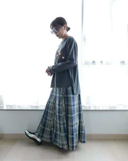 半橡筋腰格子長裙 - 綠格 | Chifa Select