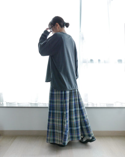 半橡筋腰格子長裙 - 綠格 | Chifa Select