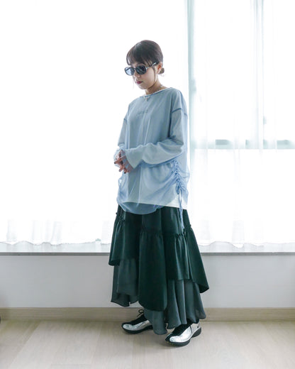 半橡筋腰不規則layers長裙 - 黑 | Chifa Select