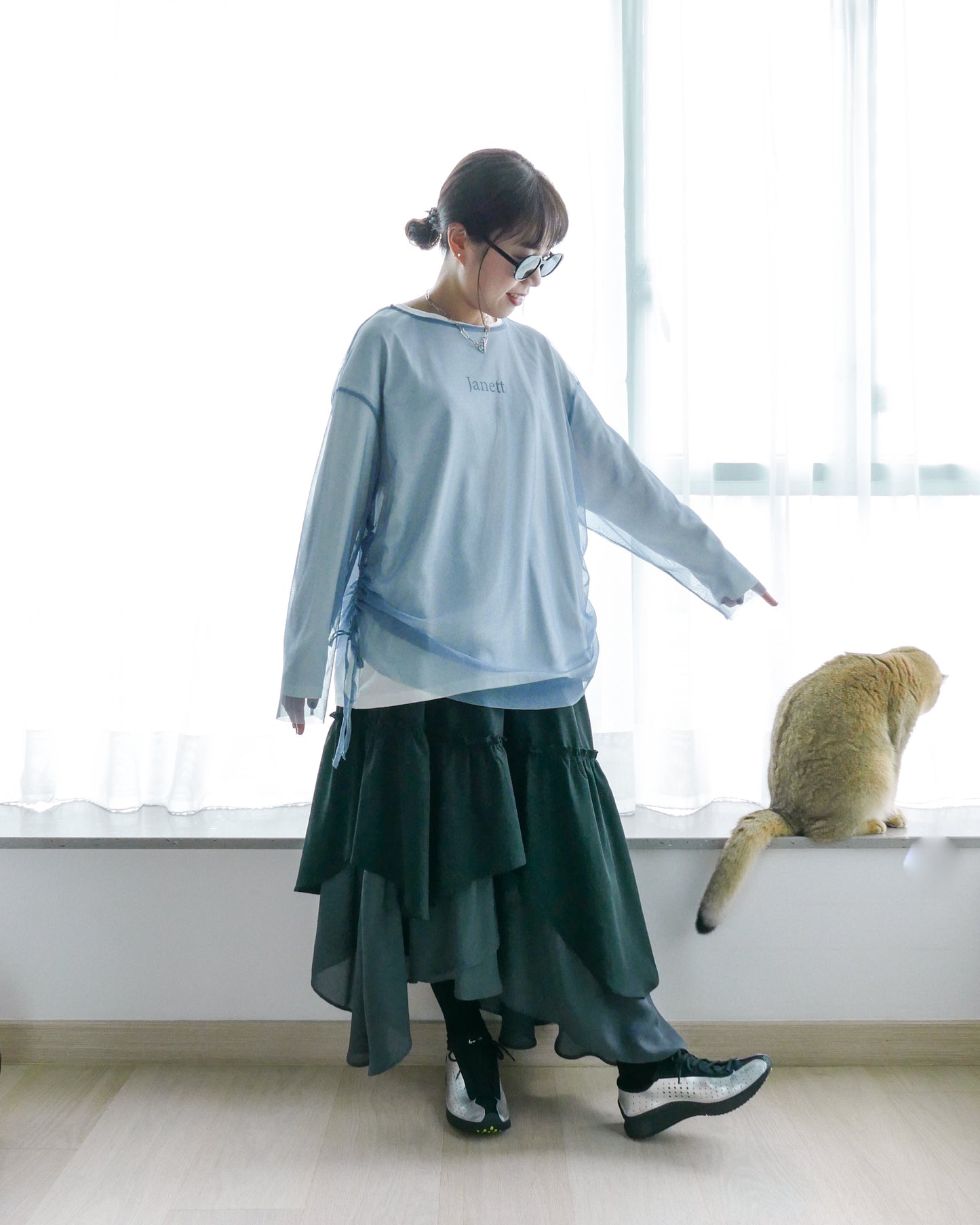 網紗雙層長袖T恤 - 藍白 | Chifa Select