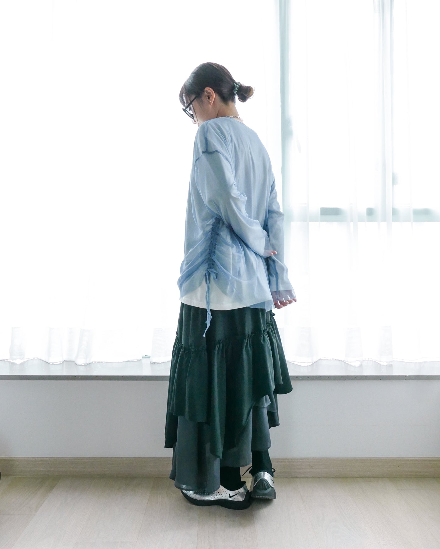 網紗雙層長袖T恤 - 藍白 | Chifa Select