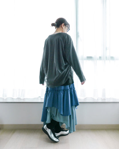 網紗雙層長袖T恤 - 灰黑 | Chifa Select