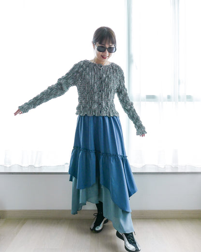 格子皺皺扣鈕top - 黑 | Chifa Select