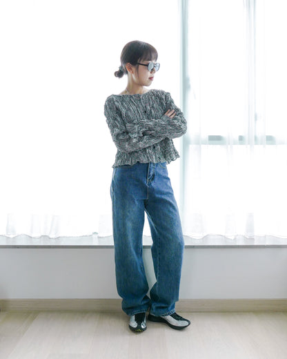 格子皺皺扣鈕top - 黑 | Chifa Select