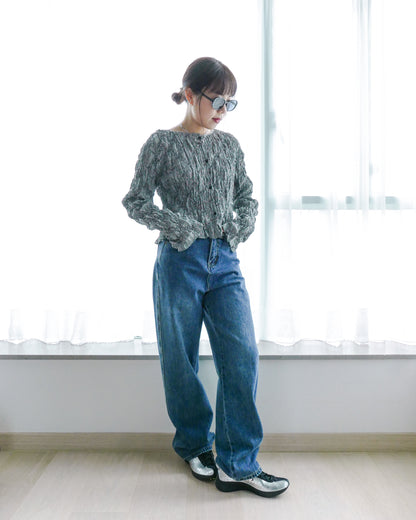 格子皺皺扣鈕top - 黑 | Chifa Select